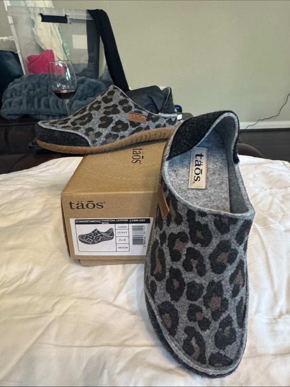 Taos Footwear Charcoal Leopard Felt Slip-On Clogs